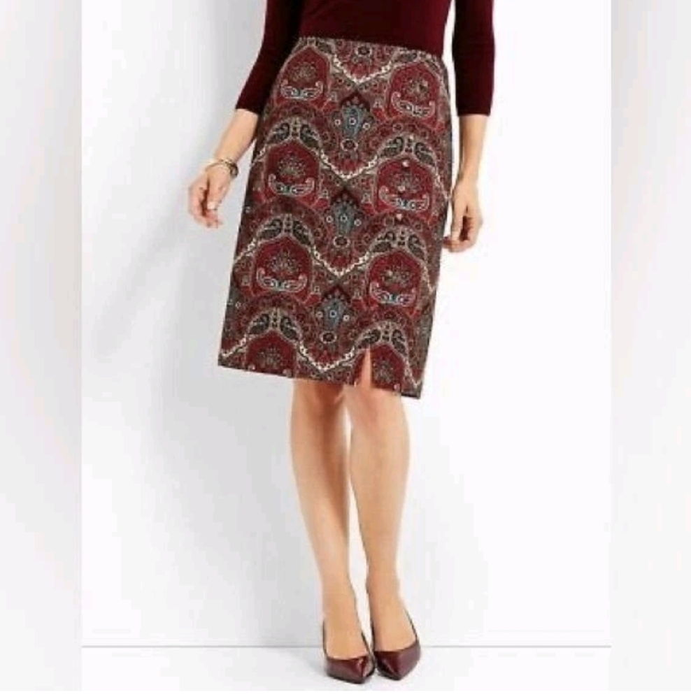 Talbots Opulent Paisley Side Button‎ Faux Wrap Skirt Pencil Red Burgundy Sz 10